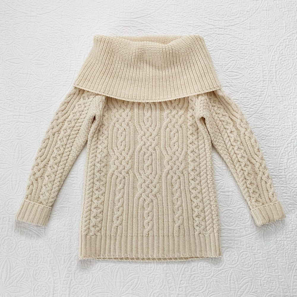 Aran Mor Merino Wool Cable Knit Irish Knot‎ Cowl Sweater, Cream
